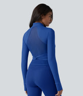 SoftlyZero™ Plush Stand Collar Long Sleeve Thumb Holes Twisted Back Breathable Mesh Yoga Jacket with Pockets