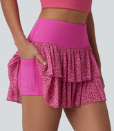 SoftlyZero™ Airy High Waisted Leopard Print Layered 2-in-1 InstantCool Mini Workout Skirt with Pocket-UPF50+