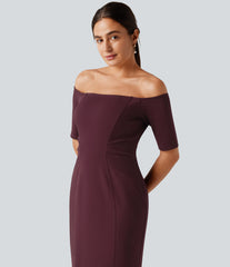 Off Shoulder Short Sleeve Bodycon Midi Dress