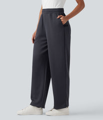 High Waisted Drawstring Cinchable Hem Casual Wide Leg Pants with Pockets