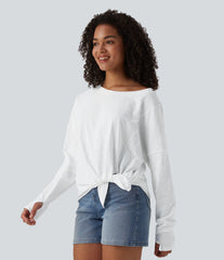 Boat Neck Long Sleeve Thumb Hole Tie Side Casual Cotton T-Shirt