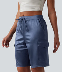 Mid Rise Drawstring Satin Casual Cargo Bermuda Shorts 9'' with Pockets