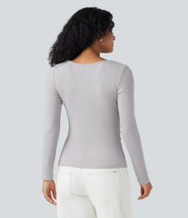 Ribbed Knit Cowl Neck Long Sleeve Ruched Casual Top