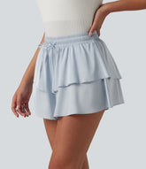 Mid Rise Drawstring Layered Ruffle Hem Satin Casual Shorts