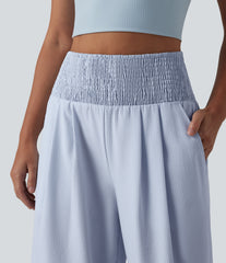High Waisted Shirred Wide Leg Quick Dry Crinkle Casual Pants with Pockets