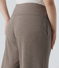 Plus Size Ribbed Knit High Waisted Tummy Control Drawstring Wide Leg Casual Pants with Pockets