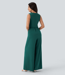 V Neck Sleeveless Ruched Pocket Jumpsuit-Easy Peezy