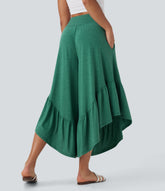 High Waisted Ruffle Hem Casual Pants with Pockets