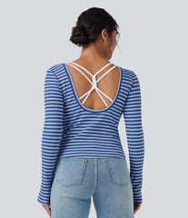 Boat Neck Long Sleeve Thumb Hole Stripe Casual Top