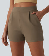 High Waisted Pleated Work Shorts with Pockets