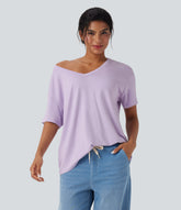 Deep V-neck Short Sleeve Relaxed Casual Top