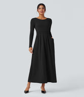 Scoop Neck Long Sleeve Flare Maxi Casual Dress with Pockets