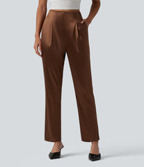 High Waisted Satin Work Tapered Pants with Pockets