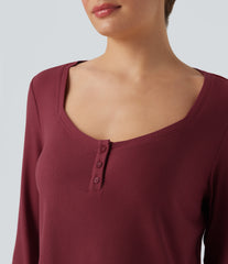 Ribbed Knit Henley Neck Long Sleeve Casual Top