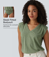 V-neck Cap Sleeve Casual Bodysuit with Shoulder Pads