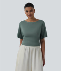 Boat Neck Ruffle Short Sleeve Tie Back Casual Top