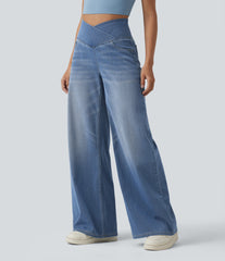 Halara Flex™ Crossover High Waisted Tummy Control Wide Leg Casual Jeans with Pockets