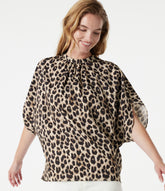 Mock Neck Tie Back Batwing Short Sleeve Ruched Leopard Print Work Blouse