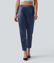High Waisted Tapered Satin Casual Pants with Pockets
