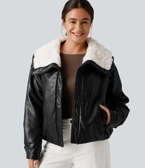 Faux Fur Collar Zip Fly Casual Faux Leather Jacket with Pockets