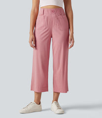 High Waisted Wide Leg Cropped Casual Stretch Linen Pants with Pockets
