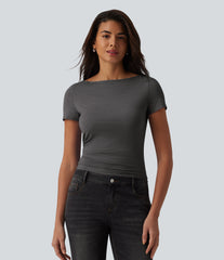 Boat Neck Short Sleeve Ruched Casual T-Shirt