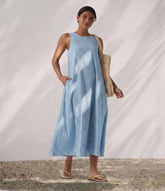 Round Neck Sleeveless Midi Crinkle Gingham Casual Tank Dress with Pockets