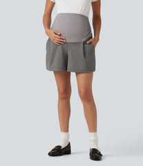DayStretch Super High Waisted Ruched Work Bagyy Maternity Shorts 4'' with Pockets