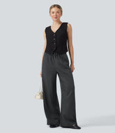 High Waisted Drawstring Wide Leg Stripe Casual Pants with Pockets