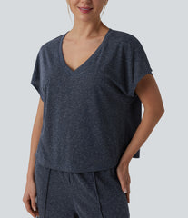 V Neck Short Sleeve Casual Linen-Blend T-Shirt