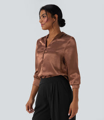 V-neck Long Sleeve Satin Work Top