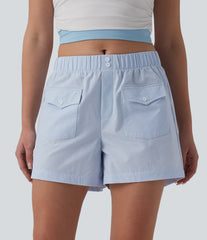 Mid Rise Quick Dry Crinkle Casual Baggy Shorts with Flap Pockets