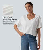 Sweetheart Neck Roll Short Sleeve Relaxed Casual Slubbed Cotton T-Shirt with Pocket