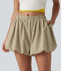 Mid Rise Stretchy Poplin Casual Bubble Shorts with Pockets