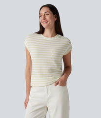Round Neck Cap Sleeve Stripe Knitted Casual T-Shirt