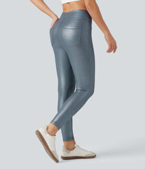 Ribbed Knit High Waisted Foil Print Yoga Leggings with Pockets