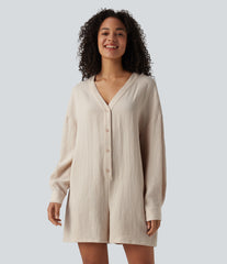 V-neck Long Sleeve Button Linen-Feel Casual Romper