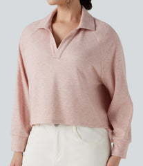 Lapel Raglan Long Sleeve High Low Relaxed Casual Sweatshirt