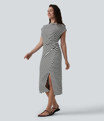 Round Neck Short Sleeve Asymmetrical Split Hem Stripes Waffle Casual Midi T-Shirt Dress