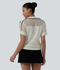 Half Zip Short Sleeve Cut Out Color Block Casual Sweater