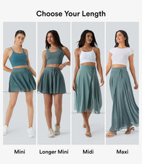 High Waisted Drawstring Contrast Mesh 2-in-1 Pocket Flowy Maxi Flare Casual Skirt