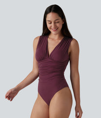 Ribbed V Neck Sleeveless Built-in Bra Ruched Casual Bodysuit