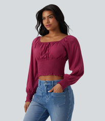 Square Neck Puff Sleeve Shirred Casual Blouse