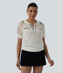 Half Zip Short Sleeve Cut Out Color Block Casual Sweater