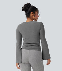 Boat Neck Long Sleeve Ruched Thermal Casual Top
