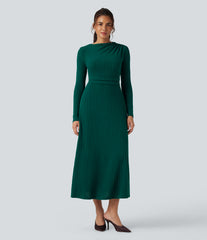 Ribbed Knit Long Sleeve Midi Casual Dress with Pockets