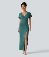 V-neck Batwing Sleeve Ruched Split Maxi Casual Bodycon Dress