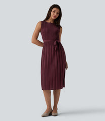 Boat Neck Sleeveless Belted Plisse Midi Work Dress
