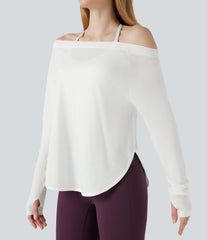 Off Shoulder Long Sleeve Thumb Hole Curved Hem Yoga Sports Top