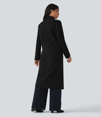 Notched Collar Long Sleeve Longline Fleece Casual Coat with Pockets